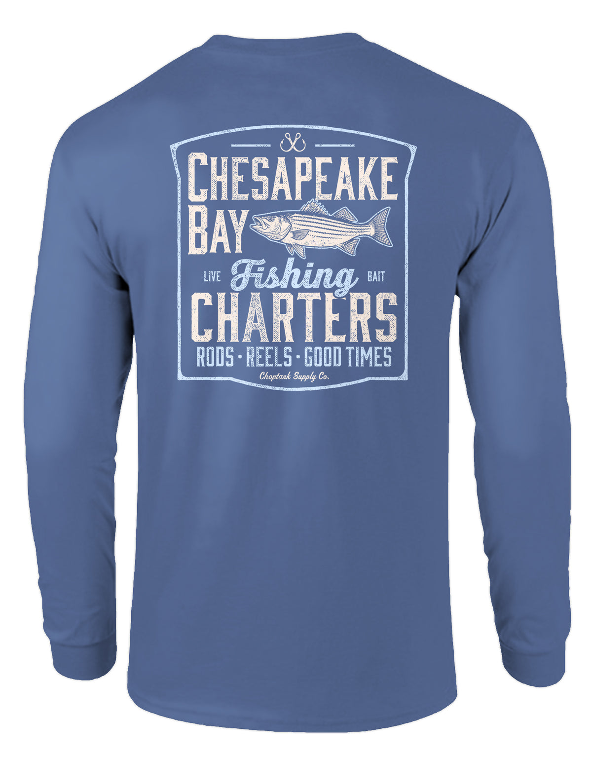 CHOPTANK SUPPLY CO. CHESAPEAKE BAY FISHING CHARTERS, ADULT LS CHINA BLUE
